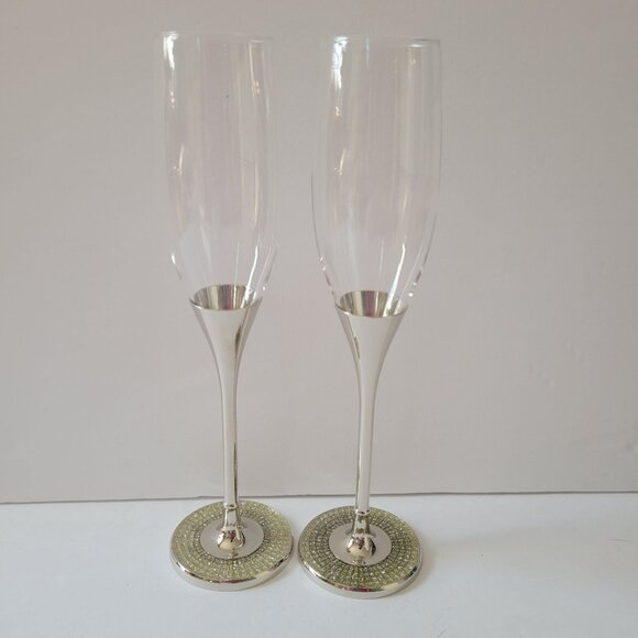 Bowring Elegant Crystal Champagne Flutes With Silver Stem & Rhinestone Base - Picture 2 of 9